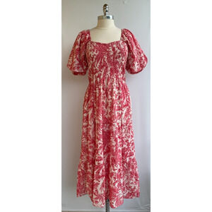Anna Cate Mae Midi Dress Puff Sleeves 100% Cotton Boho Floral Pink sz L